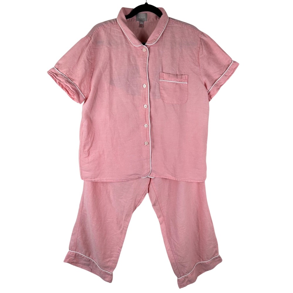 J.Crew Pajama Set Womens L Pink Linen Cotton 2 PC Short Sleeve Crop Pants PJs